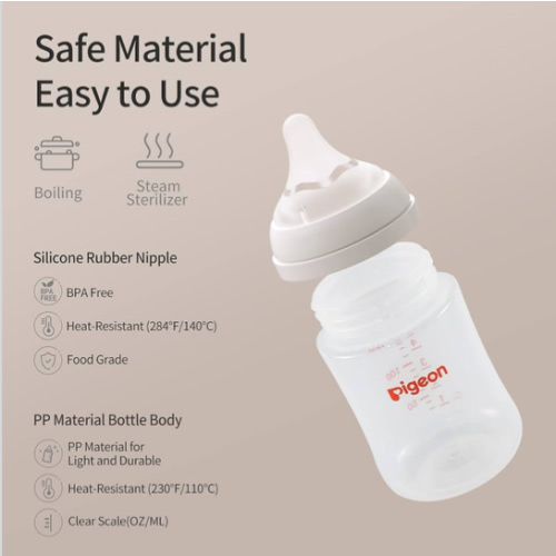 Pigeon PP Nursing Bottle Wide Neck, Anti-Colic, Streamlined Body, Natural Feel, Easy to Clean, 5.4 Oz (Pack of 4), Includes 4pcs SS Nipples (0m+)