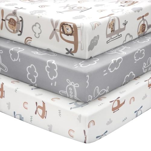 Baby Crib Sheets for Boys and Girls, 3 Pack Toddler Bed Sheets for 52”x28” Standard Toddler Mattresses, Soft Microfiber Fitted Crib Sheets Neutral Grey Helicopter