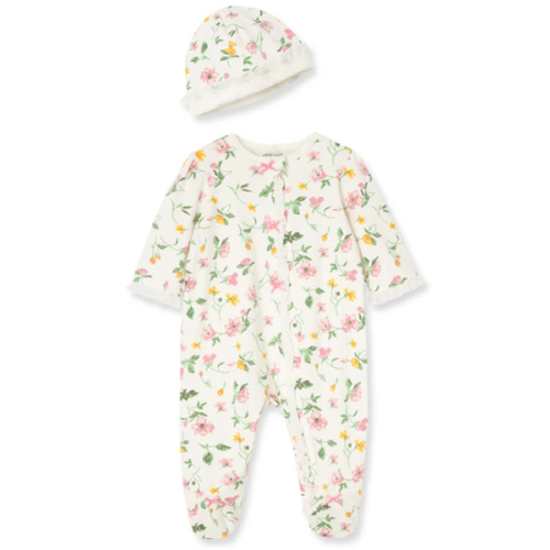 Floral Leaf 2-Way-Zip Footed One-Piece And Hat