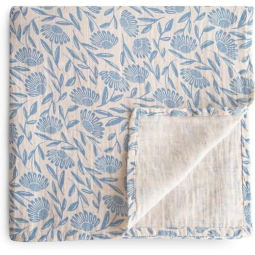 mushie Muslin Baby Swaddle Blanket | 100% Organic Cotton (Blue Flowers)