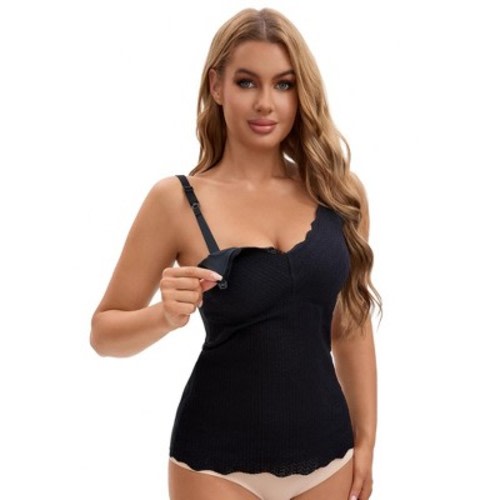 INSPIRE CHIC Women's Lace Nursing Tanks with Adjustable Straps Breastfeeding V Neck Built-In Bra Cami Medium Black