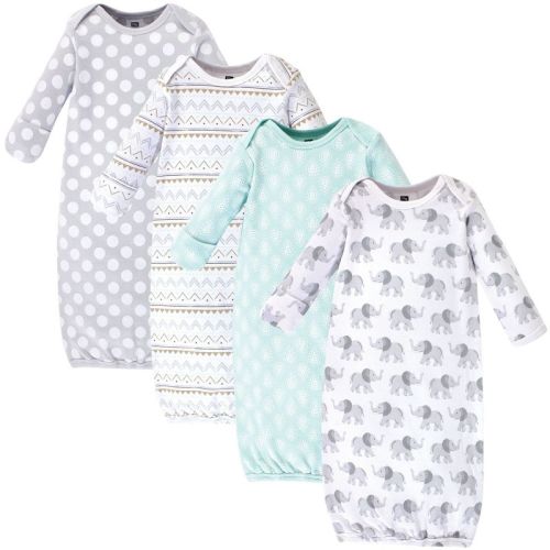 Hudson Baby Infant Cotton Long-Sleeve Gowns 4pk Set, Gray Elephant, 0-6 Months