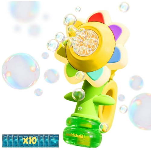 Bubble Machine, Rechargeable Flower Bubble Gun Toys with LED Lights & 10 Refill Solutions, Sunflower Automatic Bubble Maker Blower for Kids 3-8, Outdoor Summer Play, Easter, Birthday Party Gifts