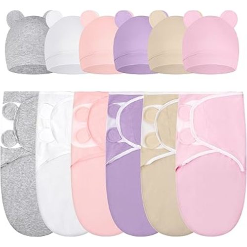 Ramede 6 Pack Swaddle Blanket with Hats for Baby Girl Boy 100% Cotton Swaddles 0-3 Months, Adjustable Breathable Skin Friendly Receiving Blanket Wrap, Essential for Newborns