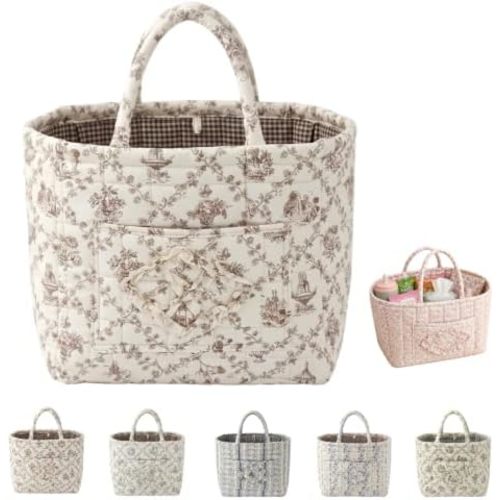 Quilted Tote Bag for Women Floral Car Basket Storage with Handles