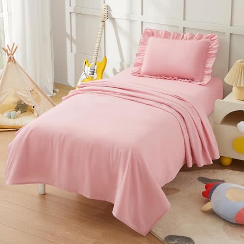 KKJIAF 3 Piece Toddler Sheet Set Microfiber, Includes a Flat Sheet, a Fitted Sheet and a Ruffle Pillowcase, Light Pink