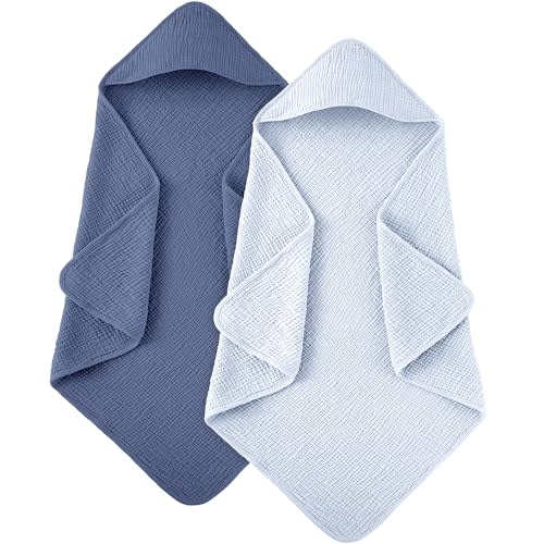Susurration Hooded Baby Towels for Newborn 2 Pack 100% Muslin Cotton Towel for Babies,Highly Absorbent and Newborn Essential 30x30 Inch Light Blue&Royal Blue