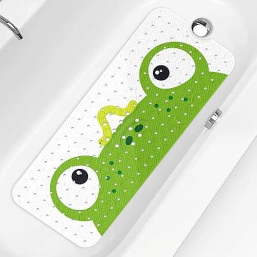 PRATIQUE Kids Bath Mat for Tub Non Slip,40 X 16 Inch Extra Long Kids Bathtub Mat Frog Bathtub Shower Mat Safety Anti Slip with Suction Cups and Drain Holes, Machine Washable