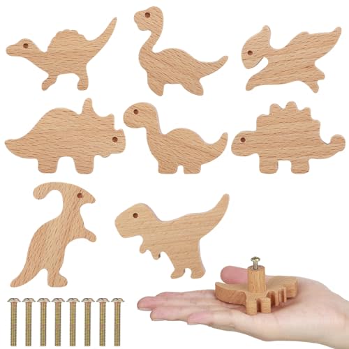 Burbell 8 Pcs Wooden Animal Cabinet Knobs Wood Drawer Dresser Knobs Dino Drawer Pulls with Screws Room Handles Decor(Dinosaur Theme)