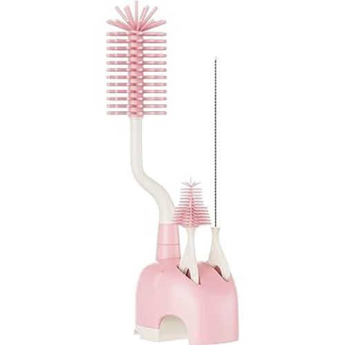 Silicone Bottle Brush Set with Stand, 360° Rotating Silicone Bottle Cleaning Brush Cleaner Set, Long Handle 3 in 1 Multipurpose Silicone Baby Bottle Straw Cleaner Brush (Pink)
