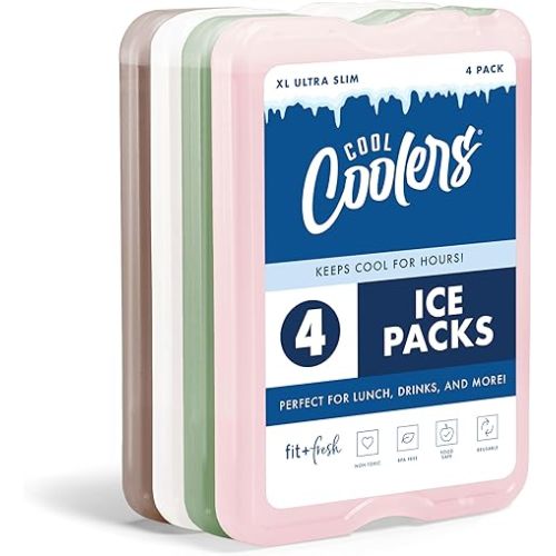 Cool Coolers by Fit & Fresh 4 Pack XL Slim Ice Packs, Quick Freeze Space Saving Reusable Ice Packs for Lunch Boxes or Coolers
