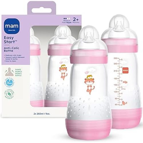 MAM 9oz Easy Start Anti-Colic Wide Neck Vented Baby Bottle, Medium Flow Breastfeeding-Like Nipple, Reduces Colic Gas & Reflux, Easy to Clean, BPA Free, 2+ Months, Made in Europe, 2 Pack, Girl