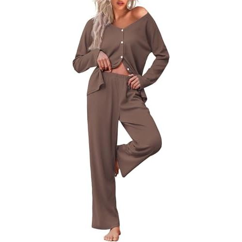 Ekouaer Womens Waffle Knit Pajamas Long Sleeve Lounge Set Button Up Pjs Loungewear with Pockets