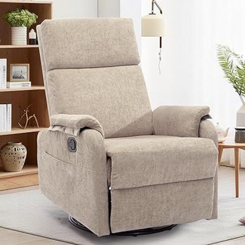 Recliner Chair, Swivel Rocking Recliner Chair for Adults, Glider Rocking Chair, Small Nursery Chair Recliner for Living Room, Reclining Chair with Modern-Designed Armrests, Chenille, Khaki