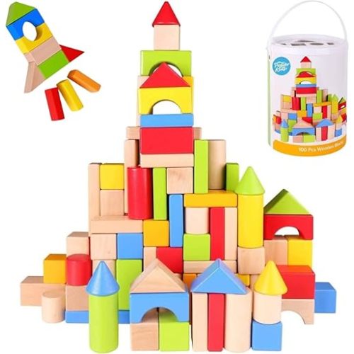 Pidoko Kids Building Blocks for Toddlers 1-3, 100 Pcs Wooden Blocks - Includes Storage Bucket and Shape Sorter Lid - Montessori Wood Block Gifts For Preschool Boys & Girls