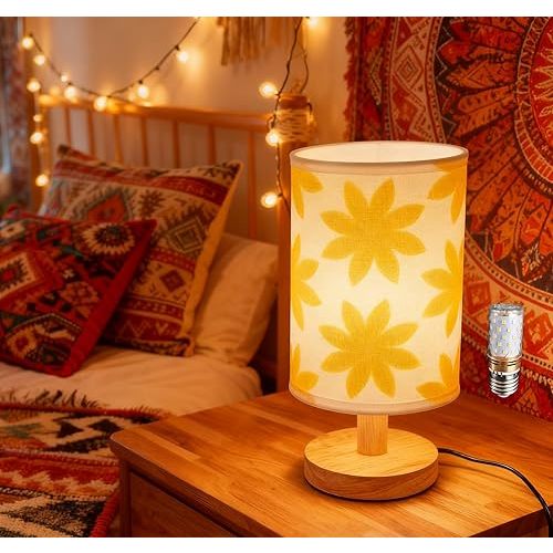 Small Bedside Night Table Lamp∣Inline Control & 3 Brightness Levels∣Yellow Flower-Patterned Shade Bedside Lamp for Bedroom,Living Room,Study,Dorm,Home Office,Baby Room & Kitchen