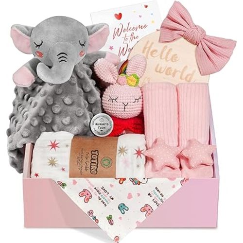 Newborn Baby Girl Gift, 9 Pcs Baby Gifts for Girls Newborn Essentials, New Baby Girl Gift Basket Baby Shower Gender Reveal Gifts, New Mom Gift Swaddle Blanket Bunny Rattle Gift Set