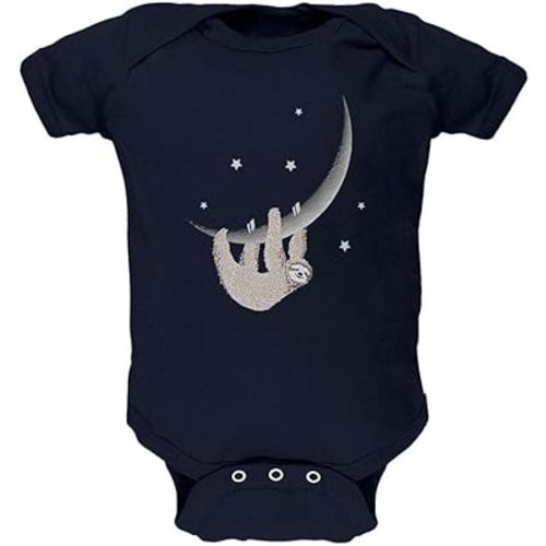 Sloth Hanging from The Moon Crescent Soft Baby One Piece Navy 0-3 M