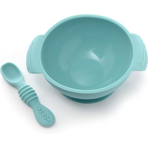 PrimaStella Unbreakable Silicone Non-Slip Bowl and Chew Spoon Set for Babies and Toddlers (Blue)