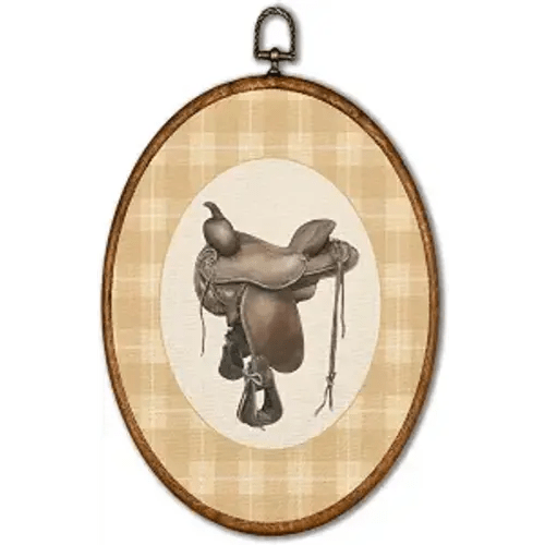 KSDUT Vintage Horse Saddle Nursery Wall Art Decor - Retro Western Yellow Plaid Wall Art Canvas Frame Hanging Prints, Neutral Nursery Gallery Oval Artwork Decor for Home Decorations 8.6"x11.4"