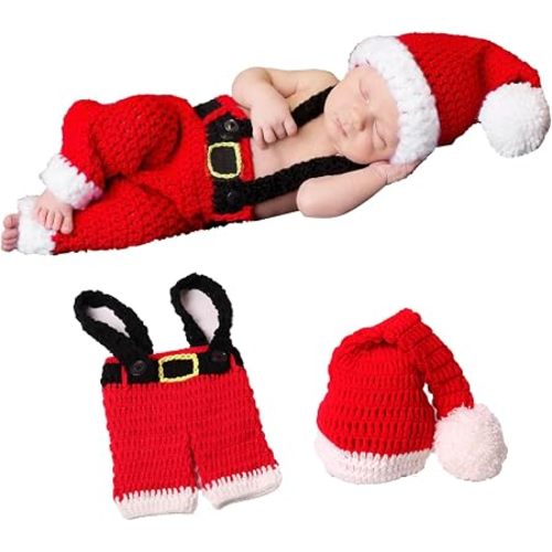 AIXIANG Hand-Knit Newborn Christmas Photo Prop Set - Santa Hat & Overalls (Fits 0-2 Months/Up to 12 lbs) - Stretchy Knit for Baby's First Christmas Pictures