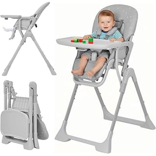 Baby High Chair, Foldable Feeding Chairs for Babies and Toddlers, Adjustable Height/Backrest/Footrest, Removable Tray, Fast Folding Gray