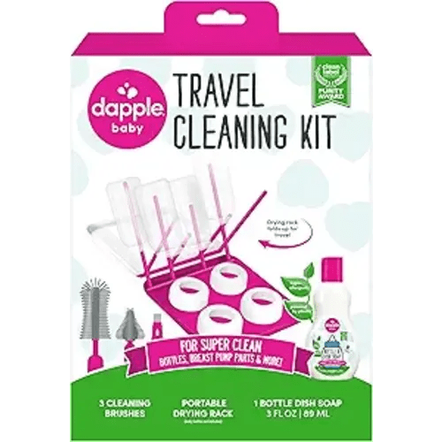 Dapple Baby Travel Cleaning Kit - 5 Piece- Baby Bottle & Dish Soap, Bottle Brushes, and Drying Rack - Newborn Essentials