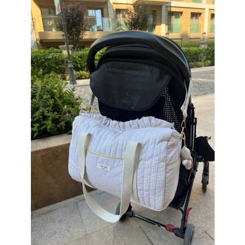 Cream Gingham Ruffle Stroller Caddy Bag / Travel Weekend Duffle Bag / Baby Shower Gift / Mother Baby Bag with Pockets / Mom Tote Organizer