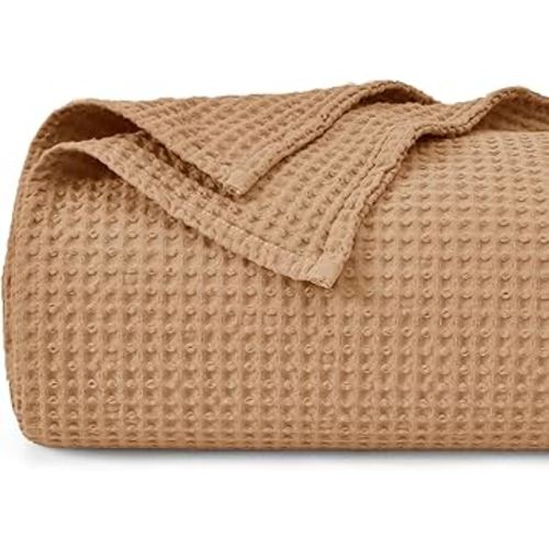 PHF 100% Cotton Waffle Weave Blanket Twin Size 66"x90"-Lightweight Washed Soft Breathable Blanket Perfect for Summer-Great Blanket Layer for Couch Bed Sofa -Elegant Home Decoration -Standstone