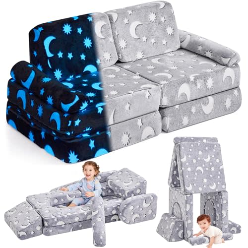 IFNOW Star Modular Kids Play Couch for Toddlers 1-3,10 PC Glow-in-the-Dark | Convertible & Washable Toddler Foam Couch for Playroom & Living Room, Apartment Friendly,CPC Certified Building Fort couch