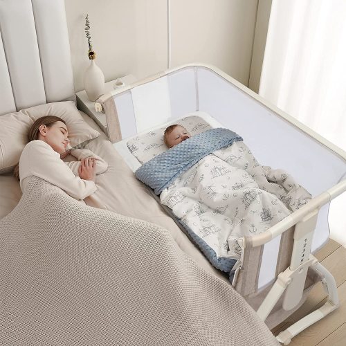 JOYMOR 4 in 1 Baby Bassinet Crib Bedside Sleeper, Rocking Bassinet for Baby, 7 Height Adjustable，All Mesh Side Design, Bedside Bassinet with Mattress, Mosquito Net, Storage Basket for Infants – Joymor