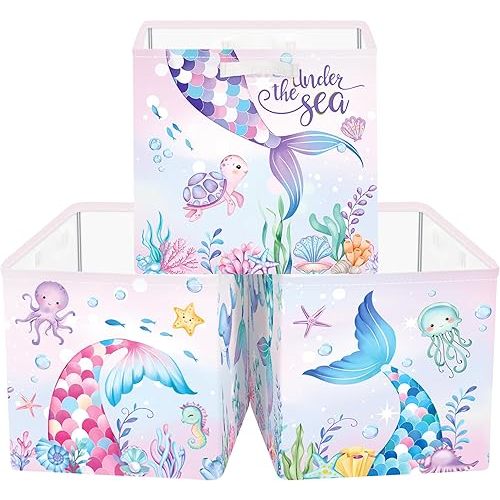 Clastyle Mermaid Tail Kid Storage Cube Organizer Set with Metal Frame Ocean Animal Turtle Closet Clothes Toy Storage Bin Nursery Toddler Girl Book Shelf Basket, Colorful Seaweed, 11.8x11.8x11.8 in