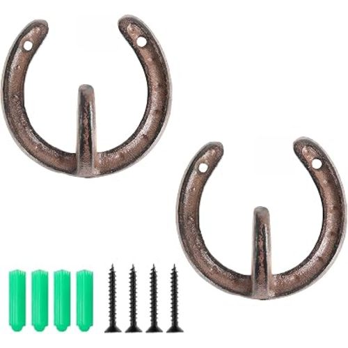 Horseshoe Hook, 2Pcs Lucky Vintage Cast Iron Wall Decor, Antique Sturdy Heavy Duty Wall Hangings, Easy Installation Wall Sculptures with Screws
