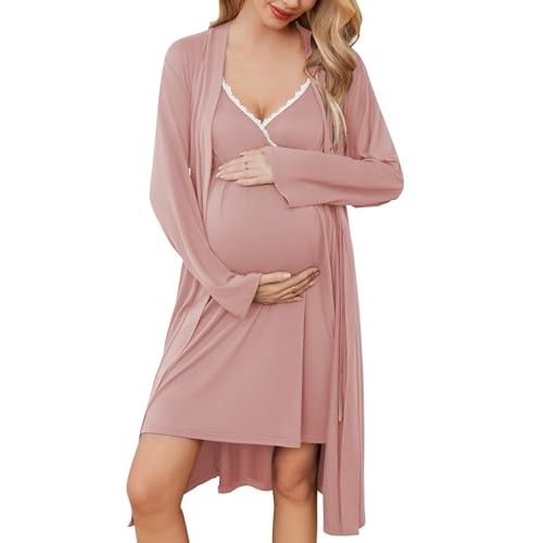 Ekouaer Nursing Nightgown and Maternity Robe Set Labor and Delivery Gown | Birthing Gown Robe for Hospital Delivery, Maternity Nursing Dress Breastfeeding Nightgown, V Neck Lace Postpartum Clothes