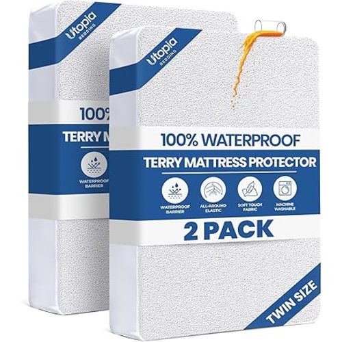 Twin Size Mattress Protector Waterproof 2 Pack, Premium 200 GSM Terry Mattress Cover, Soft & Breathable Bed Cover, Fitted Sheet Style Stretchable Deep Pockets 15" by Utopia Bedding (White)