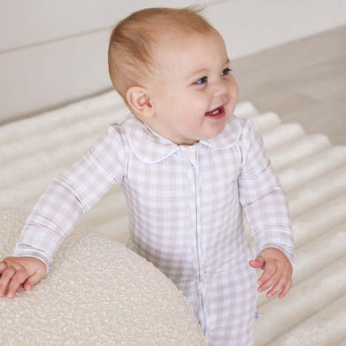 Peter Pan Collar Zipper Footie | Taupe Gingham