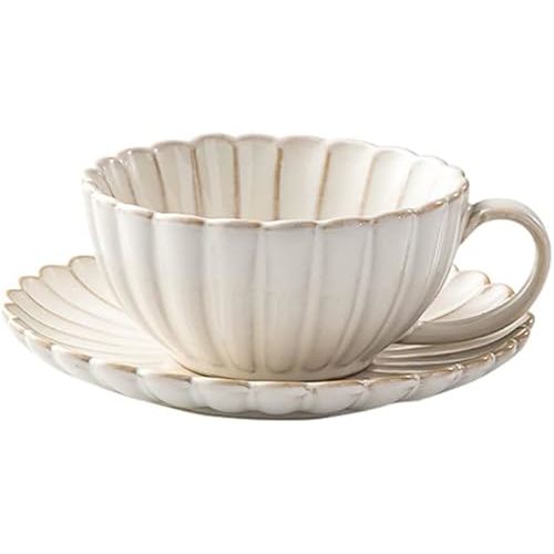 Colias Wing 9 Oz Petal Series Retro Design Ceramic Tea Cup Coffee Mug Travel Mug with Saucer-White