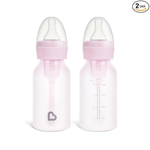 Munchkin Bond Silicone Coated Glass Baby Bottles - Anti-Colic Feeding System with Natural Feel Nipples, 4 Ounce, 2 Pack, Pink