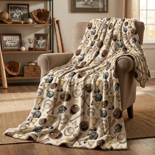 Horaldaily Baseball Beige Flannel Throw Blanket 40x50 | All Season Using Ultra Soft Fuzzy Plush Cozy Non-shedding Blanket for Couch Sofa Bed Camping, Ideal Gift for Kids Adults