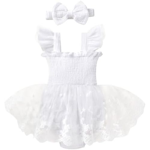 YOUNGER TREE Baby Girl Tulle Romper Dress Infant Sleeveless Ruffle Bodysuit Tutu Skirt Toddler Summer Clothes with Headband