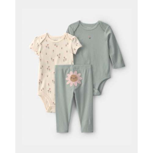 Baby Girl 3-Piece Floral Bodysuit & Pant Set - Green/Ivory | Carter's