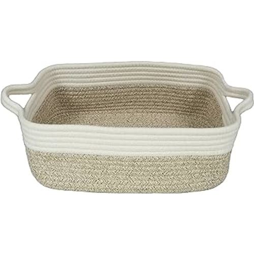 Woven Cotton Rope Storage Basket with Handles for Organizing Shelves Closet Small Cat Dog Pet Toy Baskets Box Bin Decorative Rectangle Baby Nursery Basket Gift Basket Empty