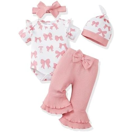 Renotemy Newborn Baby Girl Clothes Infant Romper Spring Summer Outfits Gifts Bell Bottoms Pant Sets for Girls Preemie-12Month