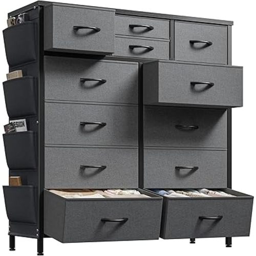 EnHomee Dresser for Bedroom with 12 Drawers, Dressers & Chest of Drawers with Side Pockets, Fabric Dresser for Bedroom, Hallway, Living Room, Sturdy Metal Frame, Wood Top, Grey