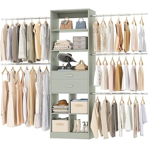Closet System, 4-8 FT Closet Organizer Tower with 2 Wooden Drawers and Shelves, Can Fit 60 to 96 inch Walk-in Closet System with 5 Hang Rods, Built-in, Crab Green
