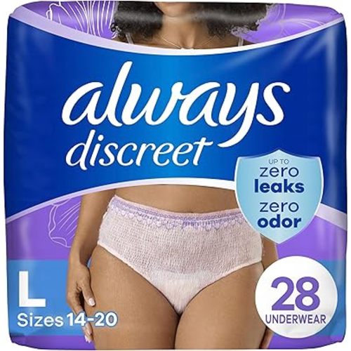 Always Discreet Adult Incontinence Underwear for Women and Postpartum Underwear, Size L, Up to 100% Bladder Leak Protection, 28 Count