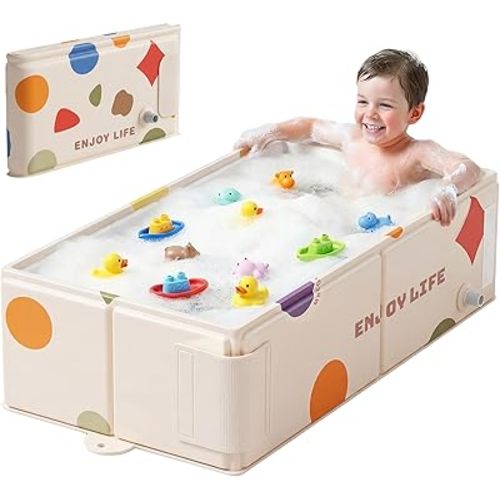 Collapsible Baby Bathtub for Newborn to Toddler, Foldable Toddler Bathtub with Drain Plug, Non-Slip Portable Infant Bath Tub for Travel Storage Outdoor Use, Pastel Dots Pink