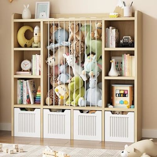 Toy Storage Organizer with Stuffed Animal Storage, Maple Wood