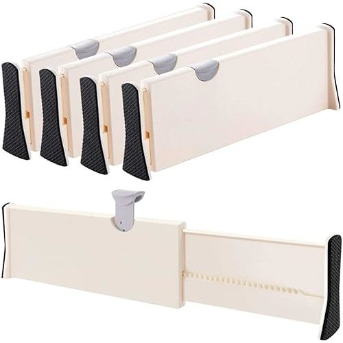 Drawer Dividers Organizer 4 Pack, Adjustable Separators 4" High Expandable from 11-17" for Bedroom, Bathroom, Closet,Clothing, Office, Kitchen Storage, Strong Secure Hold, Foam Ends, Locks in Place