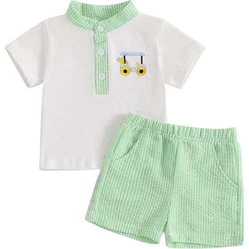 Thorn Tree Toddler Boys Summer Clothes Button Lapel Collar Golf Carts T-Shirt Elastic Waist Shorts 2Pcs Outfits Set